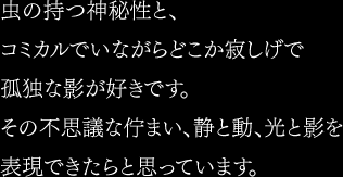 虫の持つ神秘性と、コミカルでいながらどこか寂しげで孤独な影が好きです。その不思議な佇まい、静と動、光と影を表現できたらと思っています。